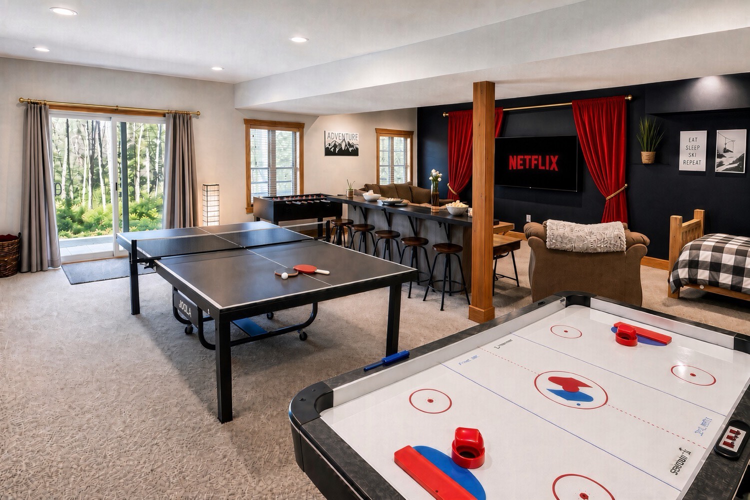 Game room with ping pong and air hockey